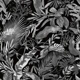 Foglie tropicali monocromatiche su sfondo nero