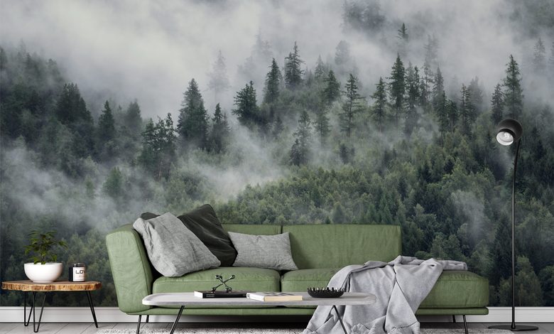 nebbia mattutina sul paesaggio boschivo carte da parati paesaggio carte da parati demural