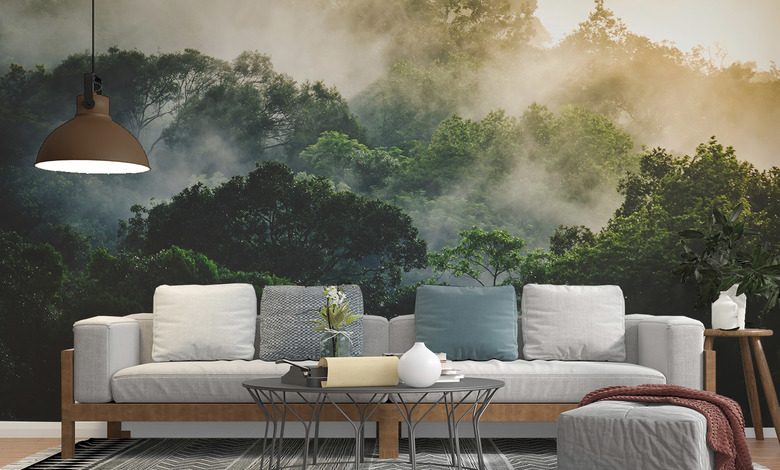 nebbia mattutina sulla foresta tropicale carte da parati salotto carte da parati demural