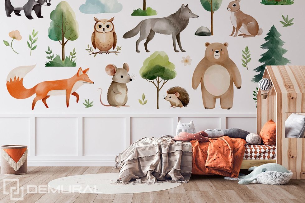 Avventura nel bosco con teneri animali Carte da parati camera del bambino  Carte da parati Demural