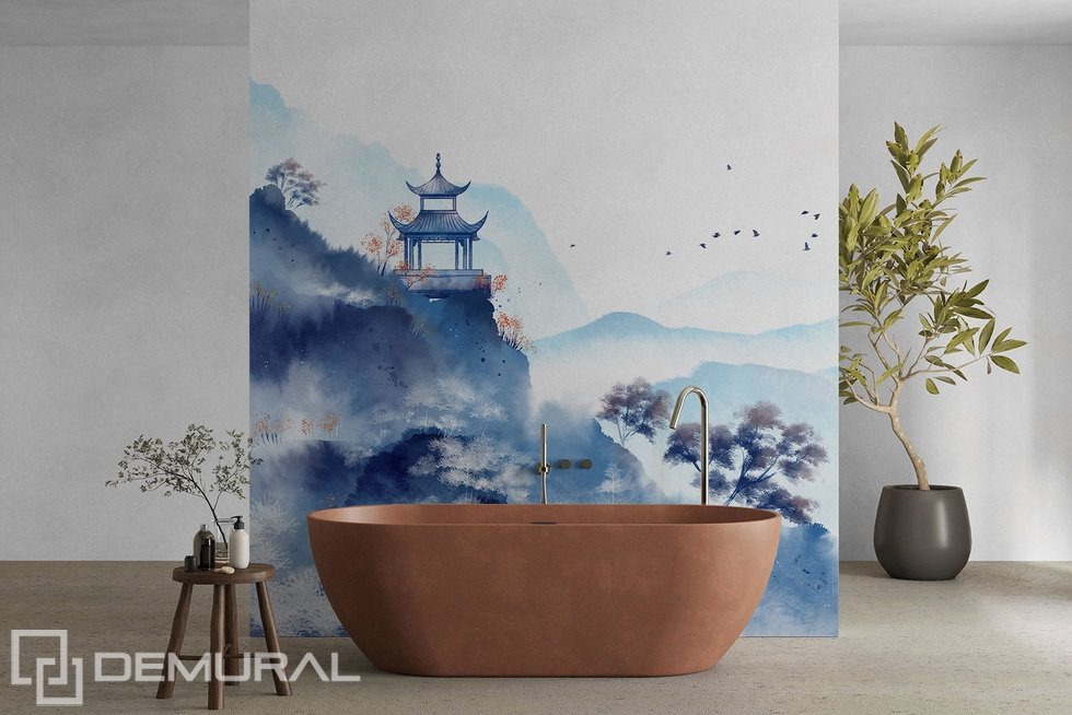 Tempio orientale in acquerello azzurro Carte da parati orientali Carte da parati Demural