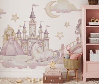 castello da fiaba con principessa e unicorno carte da parati camera del bambino carte da parati demural