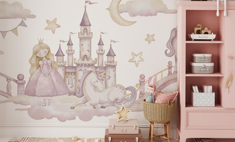 castello da fiaba con principessa e unicorno carte da parati camera del bambino carte da parati demural