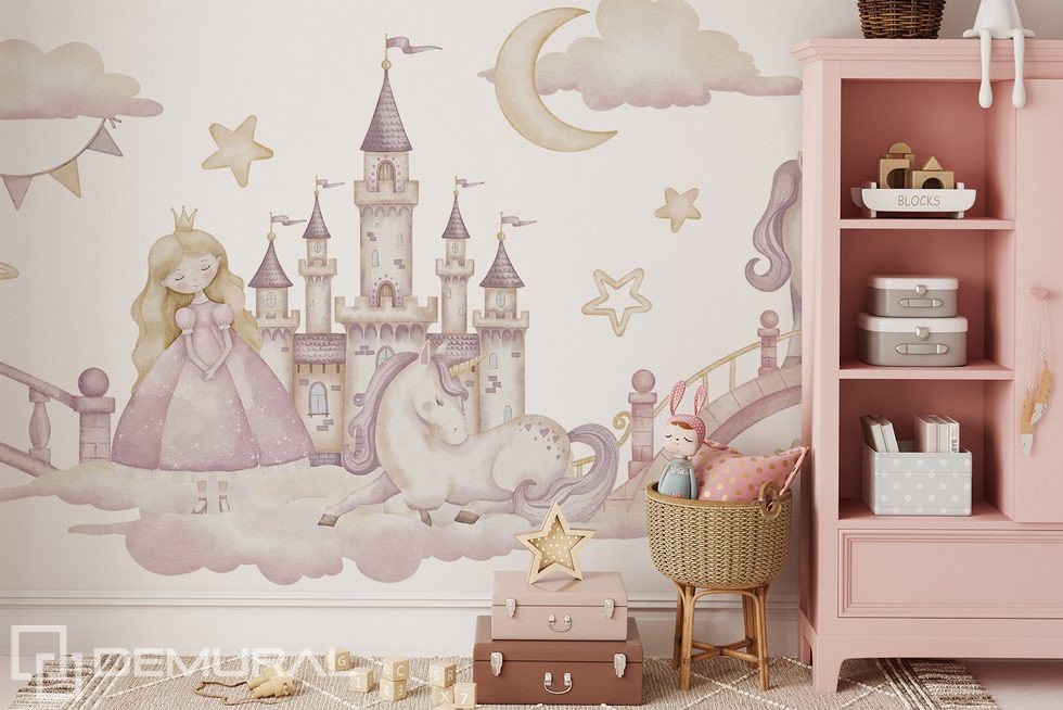 Castello da fiaba con principessa e unicorno Carte da parati camera del bambino  Carte da parati Demural