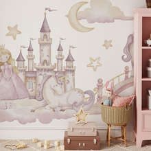 Castello-da-fiaba-con-principessa-e-unicorno-carte-da-parati-camera-del-bambino-carte-da-parati-demural