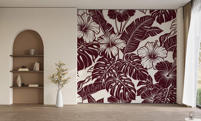 ibischi bordeaux in una composizione tropicale carte da parati fiori carte da parati demural