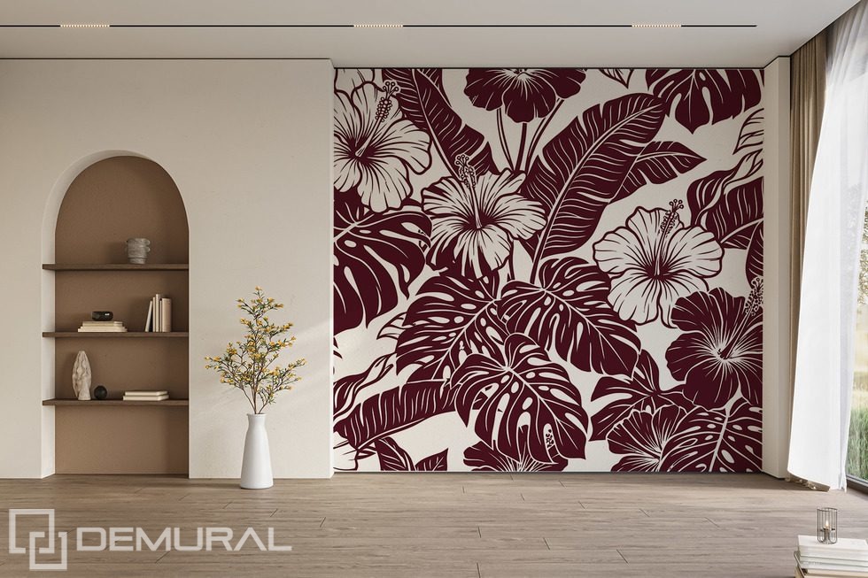 Ibischi bordeaux in una composizione tropicale Carte da parati fiori Carte da parati Demural