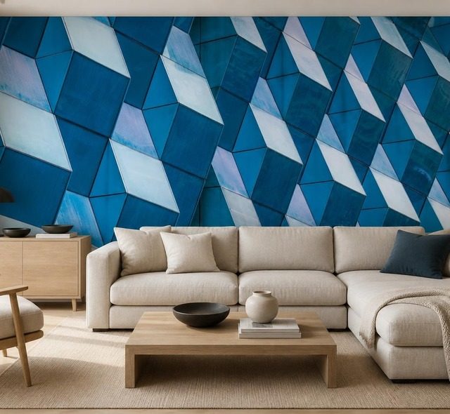 geometria a contrasto dei pannelli tridimensionali in intensi toni di blu carte da parati architettura carte da parati demural