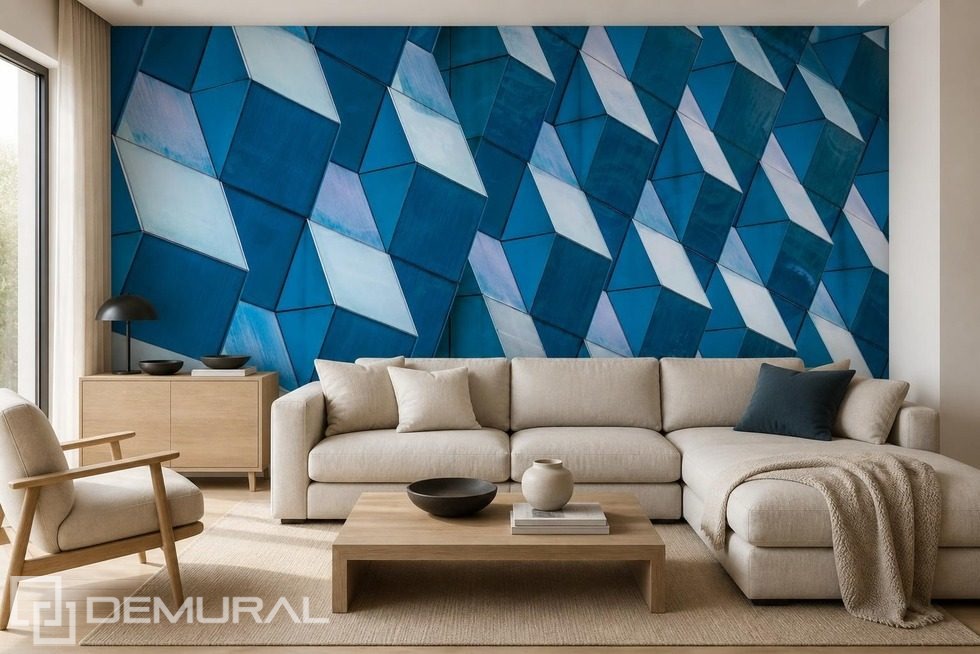 Geometria a contrasto dei pannelli tridimensionali in intensi toni di blu Carte da parati architettura Carte da parati Demural