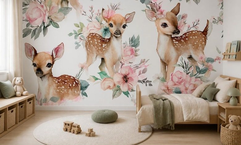 armonia pastello di cervi e fiori carte da parati camera del bambino carte da parati demural