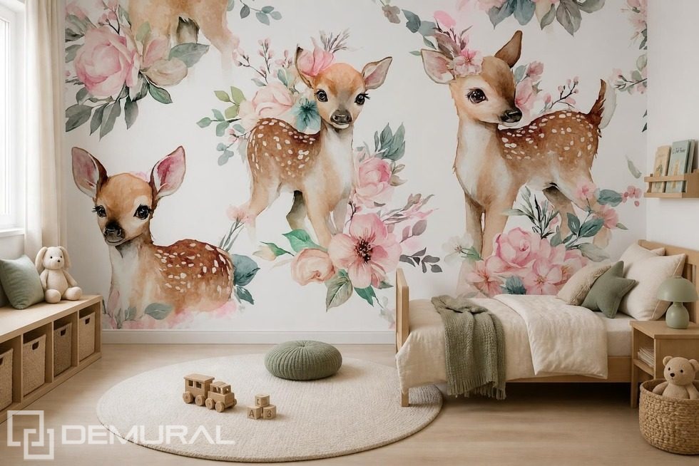Armonia pastello di cervi e fiori Carte da parati camera del bambino  Carte da parati Demural