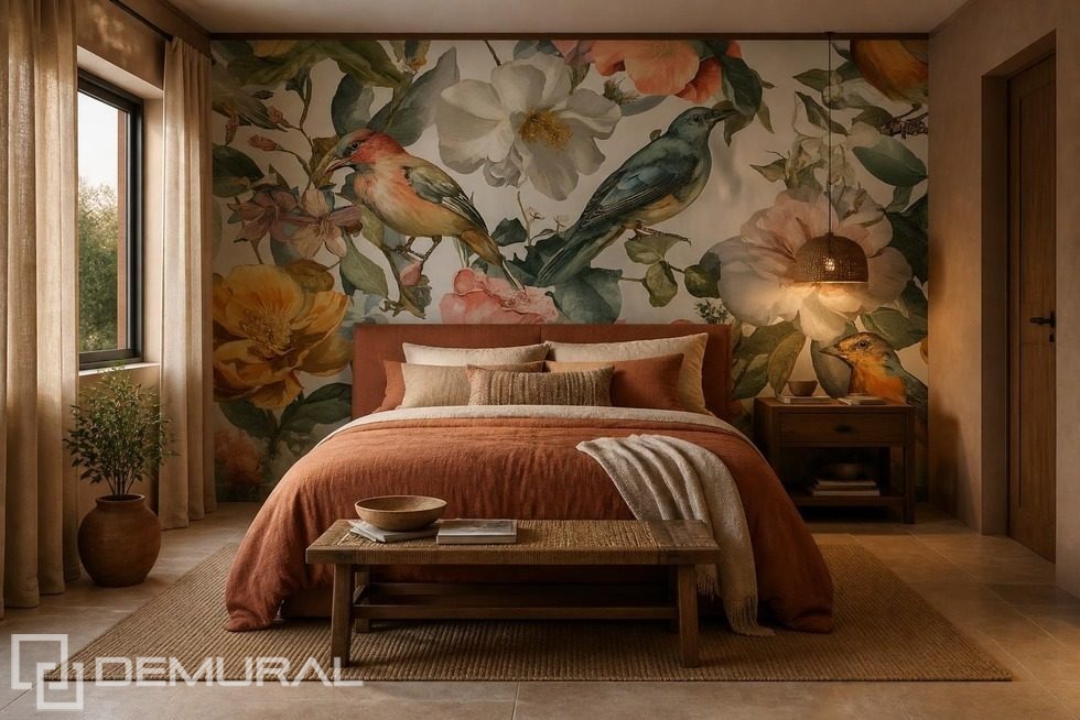 Composizione spaziale di uccelli e fiori Carte da parati camera da letto  Carte da parati Demural