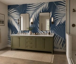 sfondo blu scuro con motivo bianco di foglie di palma carte da parati bagno carte da parati demural