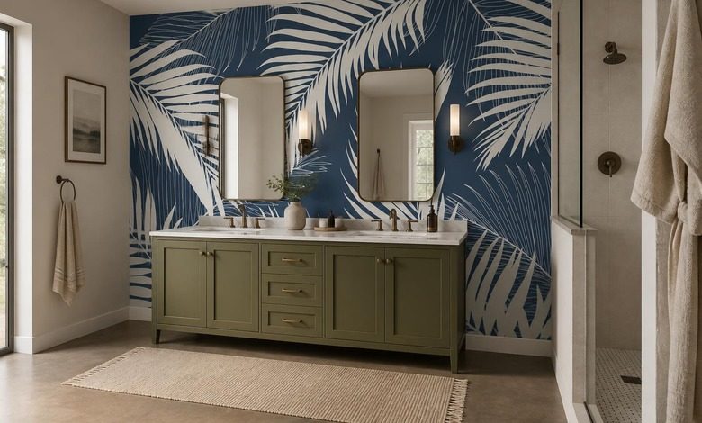 sfondo blu scuro con motivo bianco di foglie di palma carte da parati bagno carte da parati demural