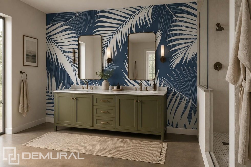 Sfondo blu scuro con motivo bianco di foglie di palma Carte da parati bagno Carte da parati Demural