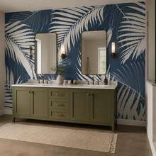 Sfondo-blu-scuro-con-motivo-bianco-di-foglie-di-palma-carte-da-parati-bagno-carte-da-parati-demural