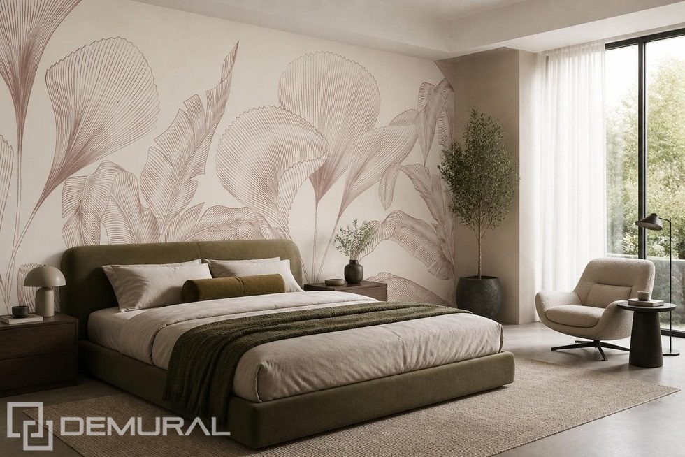 Motivo minimalista di foglie in una palette sobria Carte da parati camera da letto  Carte da parati Demural