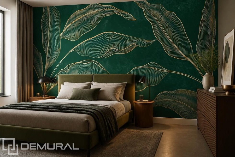 Composizione ampia di foglie dorate su sfondo scuro Carte da parati camera da letto  Carte da parati Demural