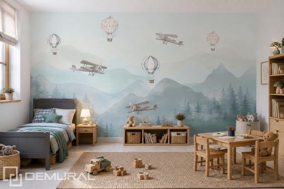 Contrasto tra delicati palloncini e paesaggio montano Carte da parati camera del bambino  Carte da parati Demural