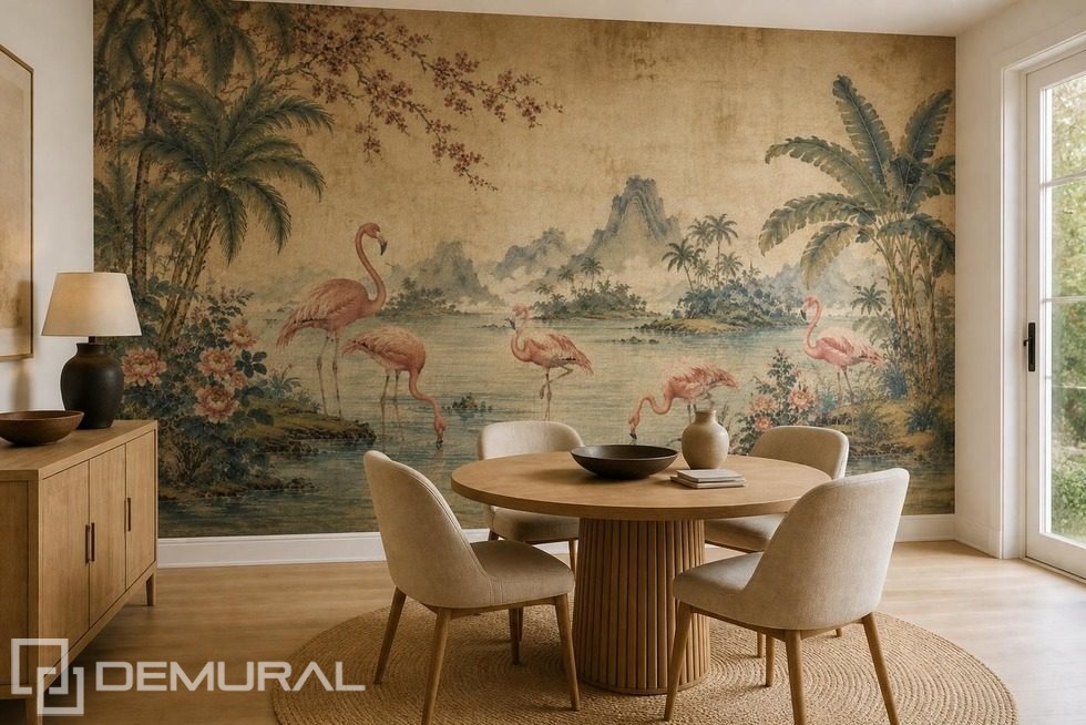Disposizione ritmica del motivo dei fenicotteri Carte da parati orientali Carte da parati Demural