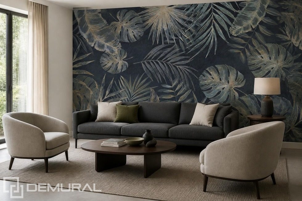 Espressione decorativa di piante su sfondo scuro Carte da parati salotto Carte da parati Demural
