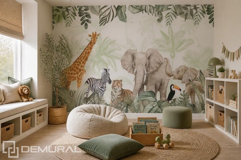 Motivo decorativo giungla con animali selvatici Carte da parati camera del bambino  Carte da parati Demural