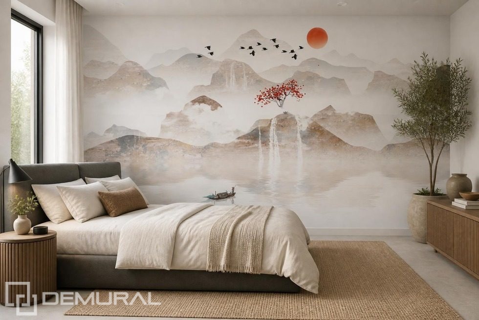 Montagne silenziose con cielo rosso Carte da parati orientali Carte da parati Demural